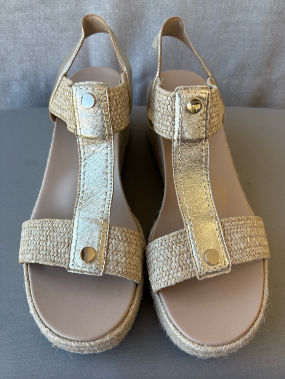 Vionic Gold Metallic Woven Espadrille Wedge Sandals